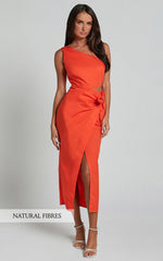 Rina Midi Dress - One Shoulder Side Cut Out Wrap Dress in Orange