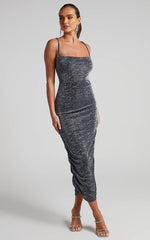 Roma Midi Dress - Ruched Cowl Neck Dress in Silver