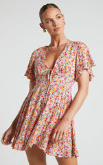 Rosario Mini Dress - Flutter Sleeve V Neck Dress in White Floral