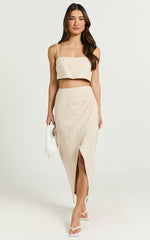 Sabrina Two Piece Top and Skirt Set - Linen Straight Neck Crop Top and Wrap Front Split Midi Skirt in Natural