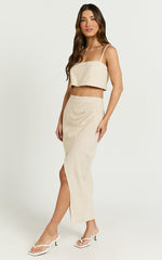 Sabrina Two Piece Top and Skirt Set - Linen Straight Neck Crop Top and Wrap Front Split Midi Skirt in Natural