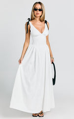 Samantha Midi Dress - V Neck Midi Dress with Bow Strap Detail in White