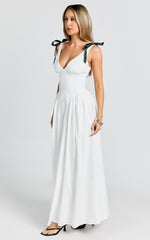 Samantha Midi Dress - V Neck Midi Dress with Bow Strap Detail in White