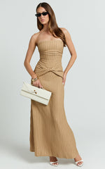 Santiago Midi Dress - Textured Jersey Strapless Twist Waist Dress in Beige