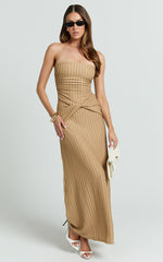Santiago Midi Dress - Textured Jersey Strapless Twist Waist Dress in Beige