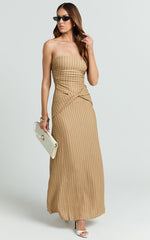 Santiago Midi Dress - Textured Jersey Strapless Twist Waist Dress in Beige
