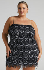 Shook Mini Dress - Cami Sequin Fringe Dress in Black Sequin