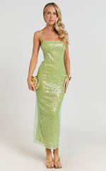 Sierra Midi Dress - Sequin Square Neck Bodycon Dress in Green