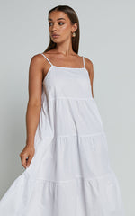 Siony Midi Dress - Scoop Neck Strappy Scallop Hem Tiered Dress in White