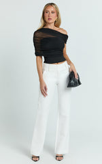 Sophia Top - Draped One Shoulder Mesh Overlay Top in Black