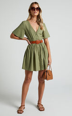 Staycation Mini Dress - Smock Button Up Dress in Khaki