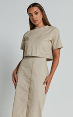 Tisdale Two Piece Set - Linen Look Scoop Neck Short Sleeve Cropped Top and Maxi Skirt in Sand
