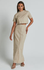 Tisdale Two Piece Set - Linen Look Scoop Neck Short Sleeve Cropped Top and Maxi Skirt in Sand