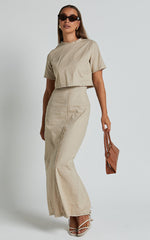 Tisdale Two Piece Set - Linen Look Scoop Neck Short Sleeve Cropped Top and Maxi Skirt in Sand