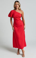 Victoria Midi Dress - Linen One Shoulder Puff Sleeve Cut Out Dress in Red
