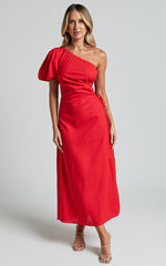 Victoria Midi Dress - Linen One Shoulder Puff Sleeve Cut Out Dress in Red