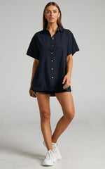 Vina Del Mar Two Piece Set - Linen Look Shirt and Shorts Set in Black
