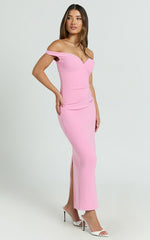 Vinnie Midi Dress - Off Shoulder Bustier Side Tuck Fitted Dress in Pink