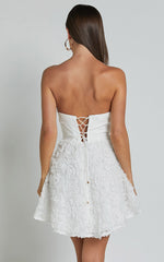 Violeta Mini Dress - Strapless 3d Floral Dress in White