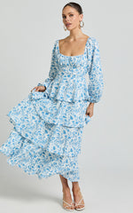 Wendy Midi Dress - Sweetheart Long Sleeve Layered Dress in Blue Floral
