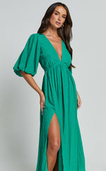 Wisteria Midi Dress - Plunge Neck 3/4 Puff Sleeve Thigh Split Open Tie Back Dress in Green