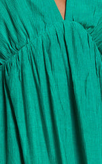 Wisteria Midi Dress - Plunge Neck 3/4 Puff Sleeve Thigh Split Open Tie Back Dress in Green