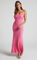 Yurika Midi Dress - Knit Open Back Dress in Bright Pink