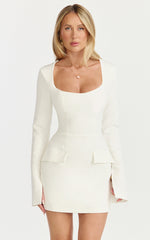 Zita Mini Dress - Long Sleeve Tailored Tulip Dress in Off White