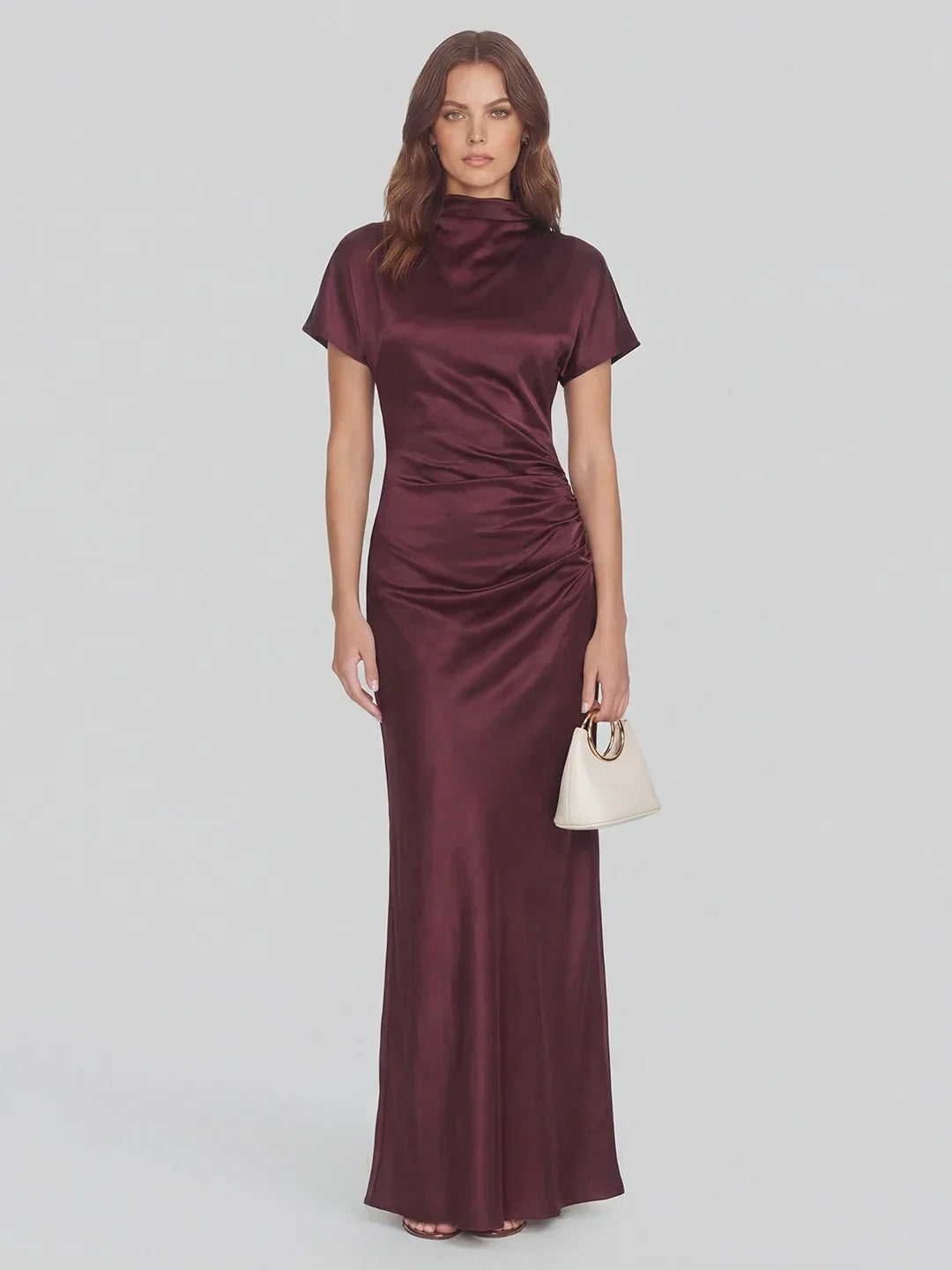 High Boat Neck Stain Maxi Dress With Ruched Detailing