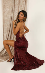 Magic Hour Split Maxi Dress in Wine Sequin