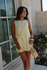 Boat Neck Side Tie Mini Dress-Butter Yellow
