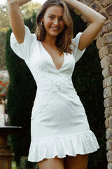 Avignon Puff Sleeve Lace And Pintuck Pleat Dress White