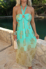 Brianna Halter Dress-Aqua/Gold