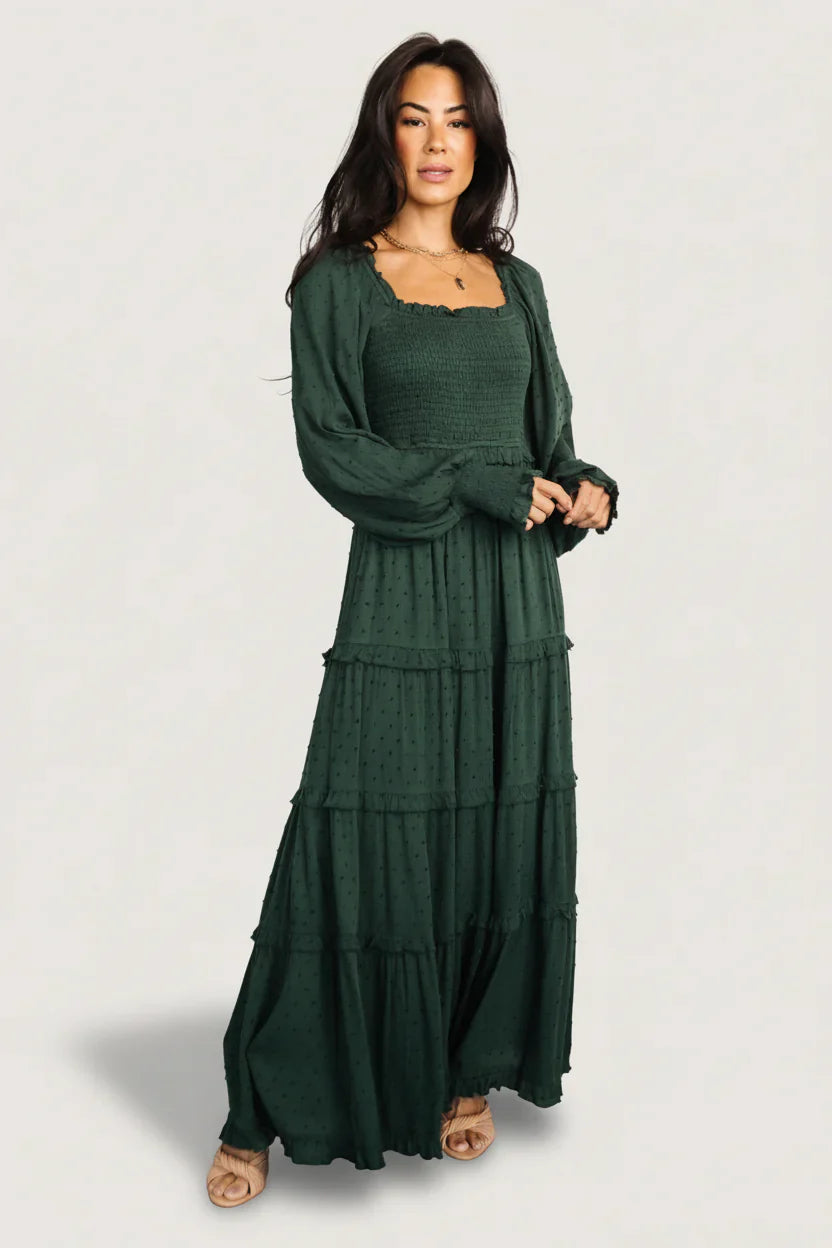 Amanda Smocked Dotted Maxi Dress | Evergreen