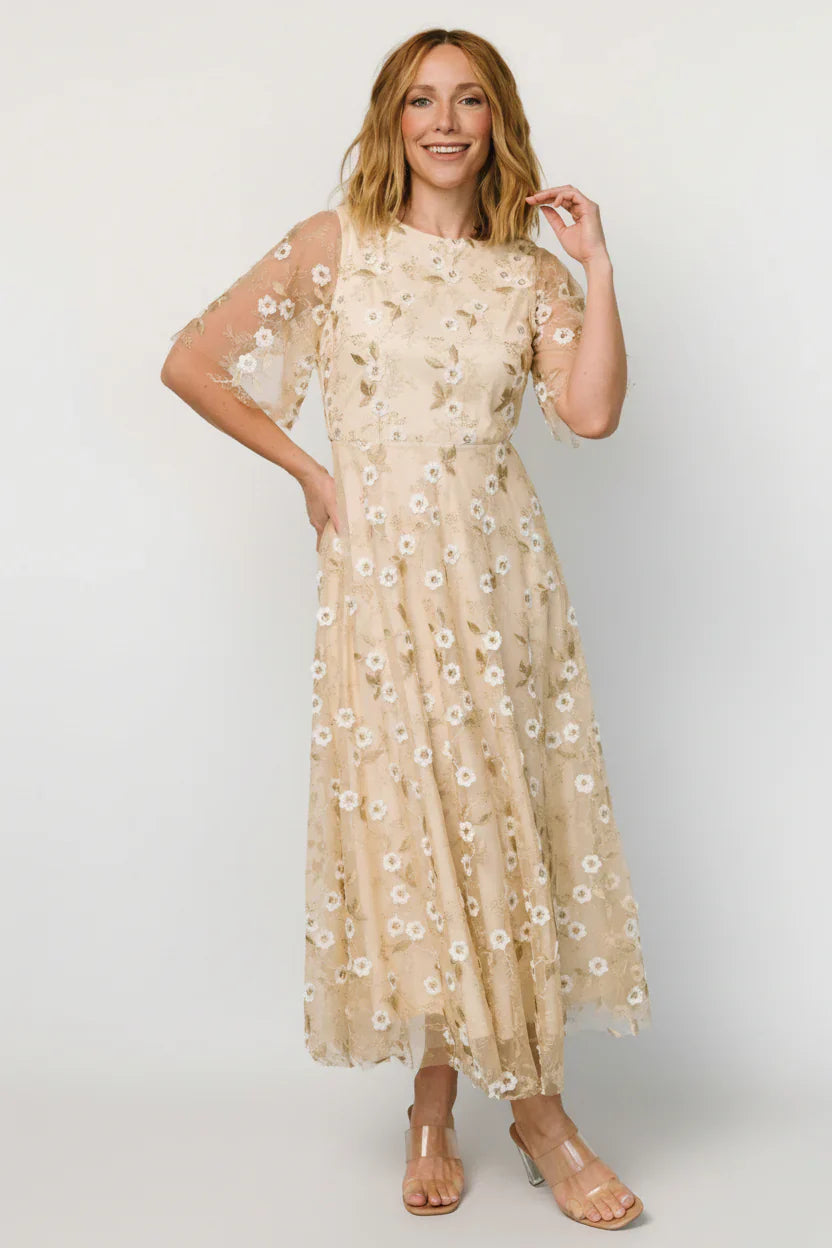 Arabella Embroidered Tulle Maxi Dress | Gold + White