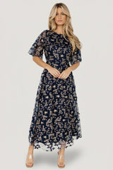Arabella Embroidered Tulle Maxi Dress | Navy + Gold