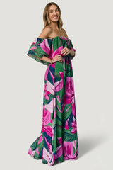Azalea Off Shoulder Maxi Dress | Green + Fuchsia Floral