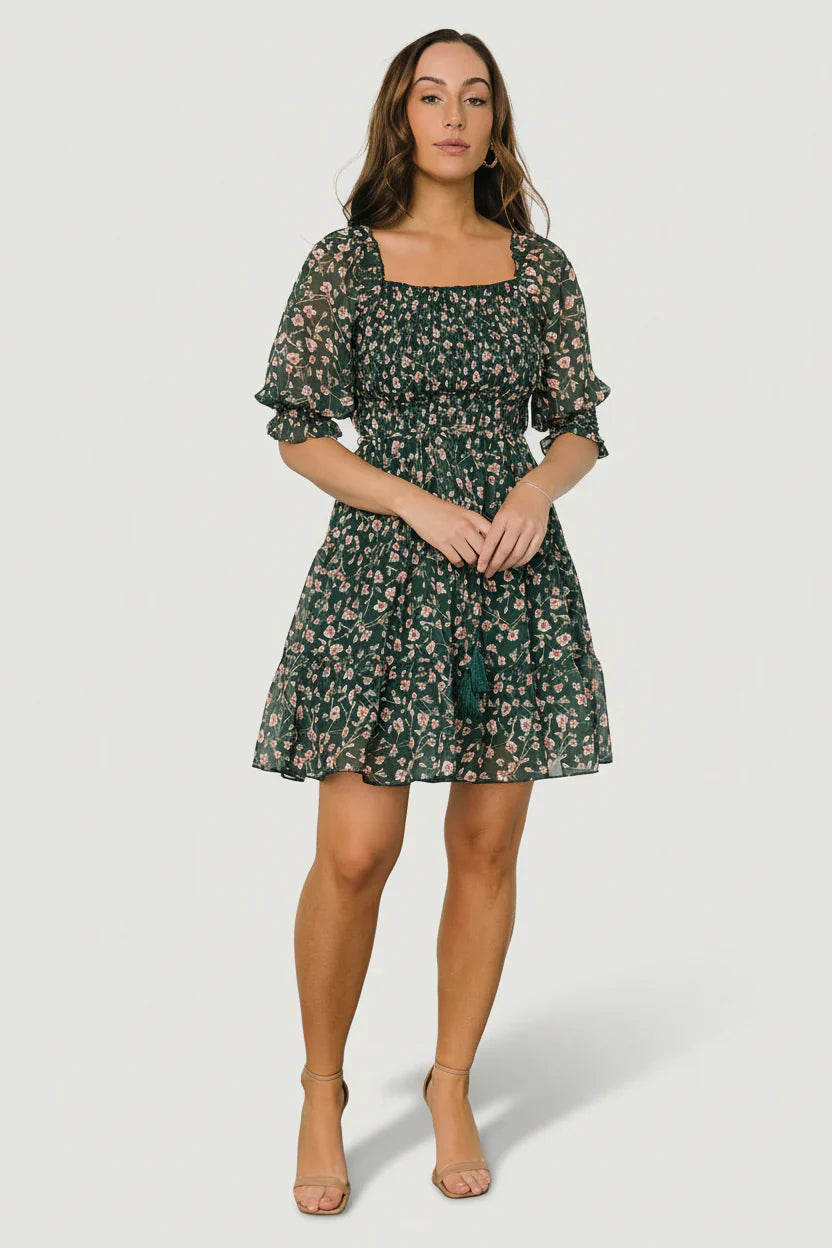 Azlyn Smocked Short Dress | Green + Pink Floral