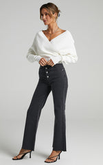 Petra Top - Long Sleeve Wrap Ribbed Knit Top in Cream