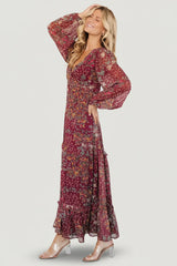 Bowman Deep V Maxi Dress | Burgundy Multi
