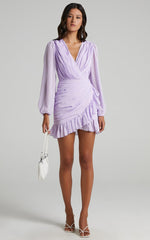 Can I Be Your Honey Plunge Balloon Sleeve Mini Dress in Lilac