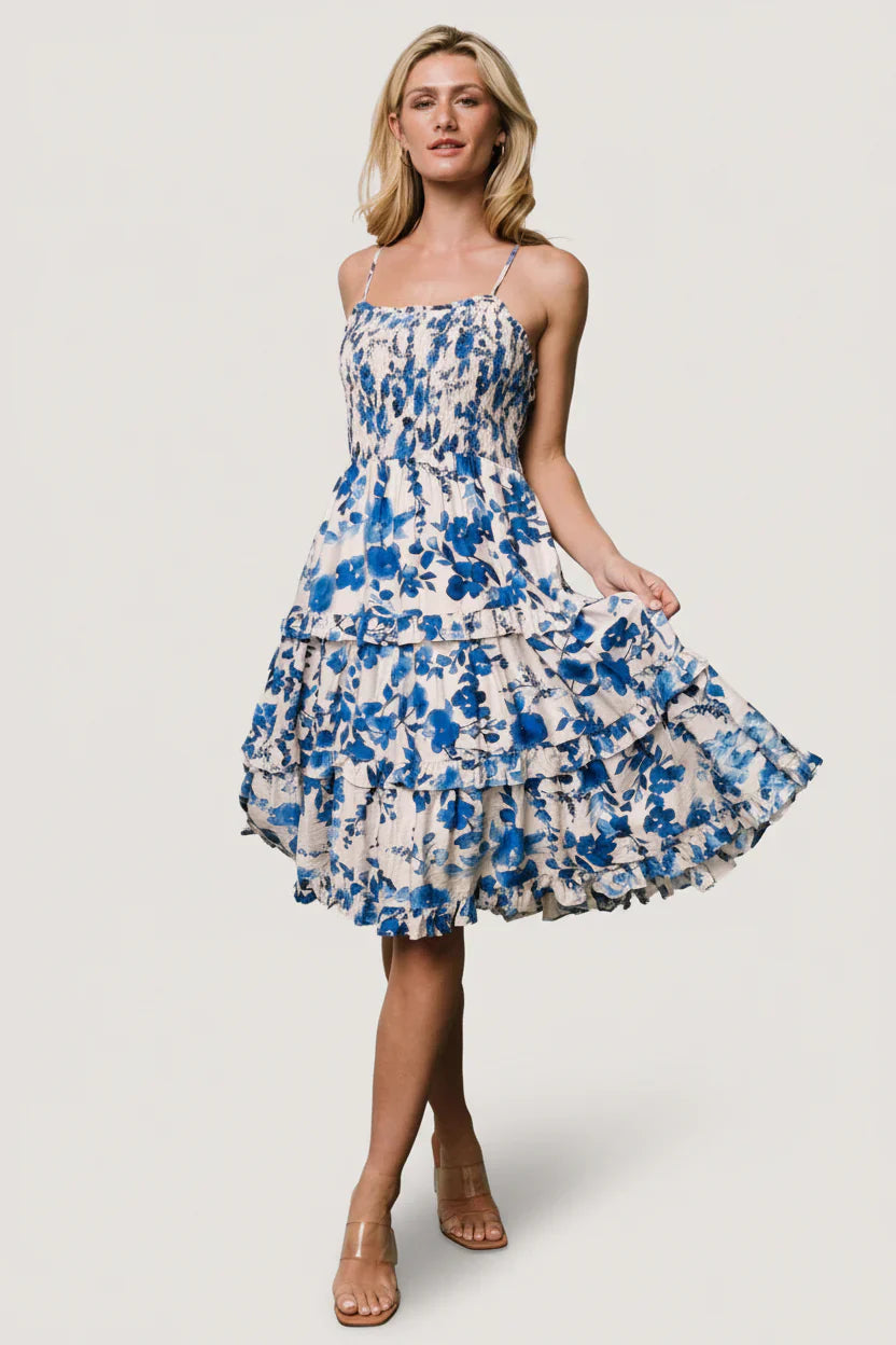 Calina Midi Dress | Ivory + Blue Floral