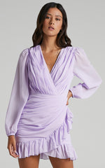 Can I Be Your Honey Plunge Balloon Sleeve Mini Dress in Lilac