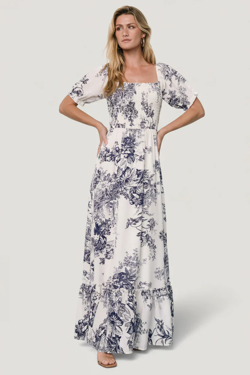 Capri Smocked Maxi Dress | Ivory + Blue Floral
