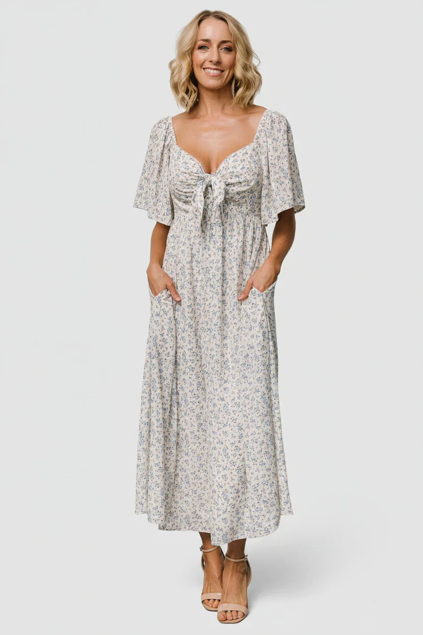 Carah Tie Dress | Off White + Blue Floral
