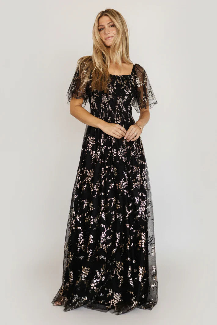 Cassandra Tulle Maxi Dress | Metallic Black