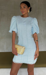 Laila Mini Linen Blend Dress - High Neck Side Cut Out Puff Sleeve Straight Dress in Blue