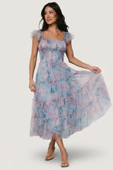 Clementine Tulle Midi Dress | Light Blue + Pink