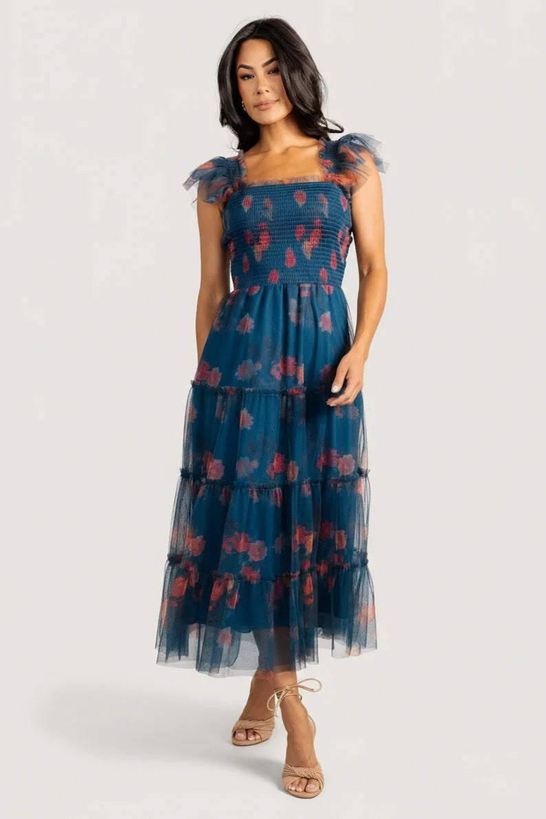 Clementine Tulle Midi Dress | Persian Blue + Rust