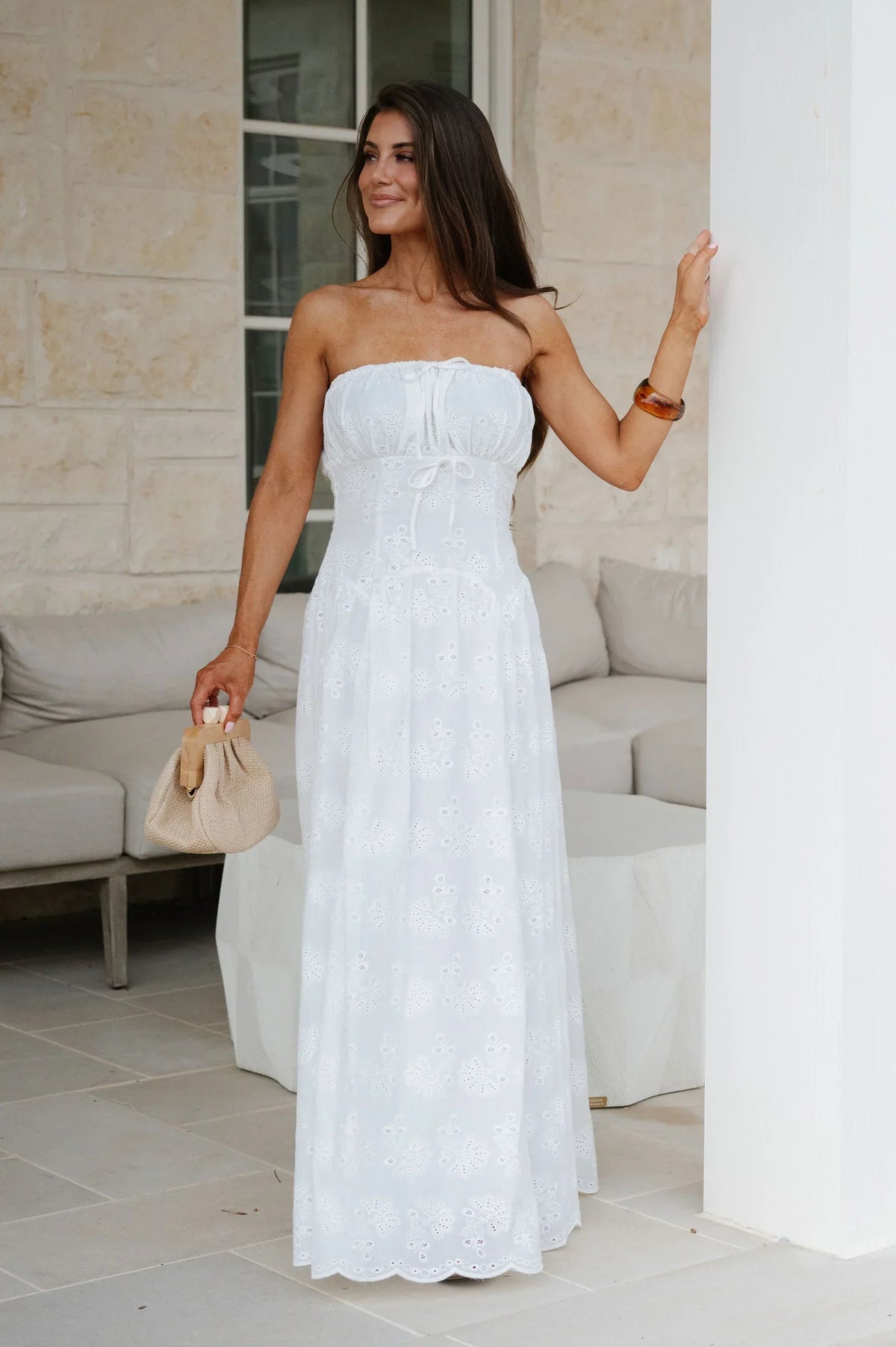 Eyelet Strapless Maxi Dress-Off White